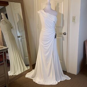 Mac Duggal White One-Shoulder Maxi Dress